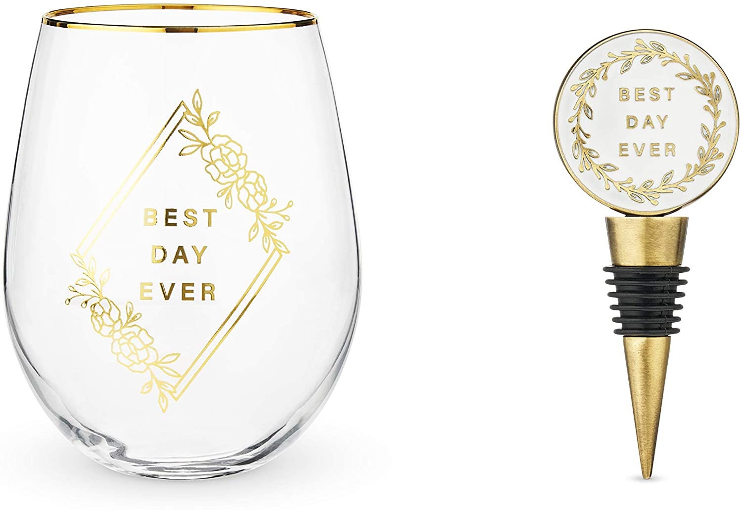 Best Day Ever Stemless Wine Glass and Bottle Stopper Gift Set. 16 Oz - Raise The Bar Lux  