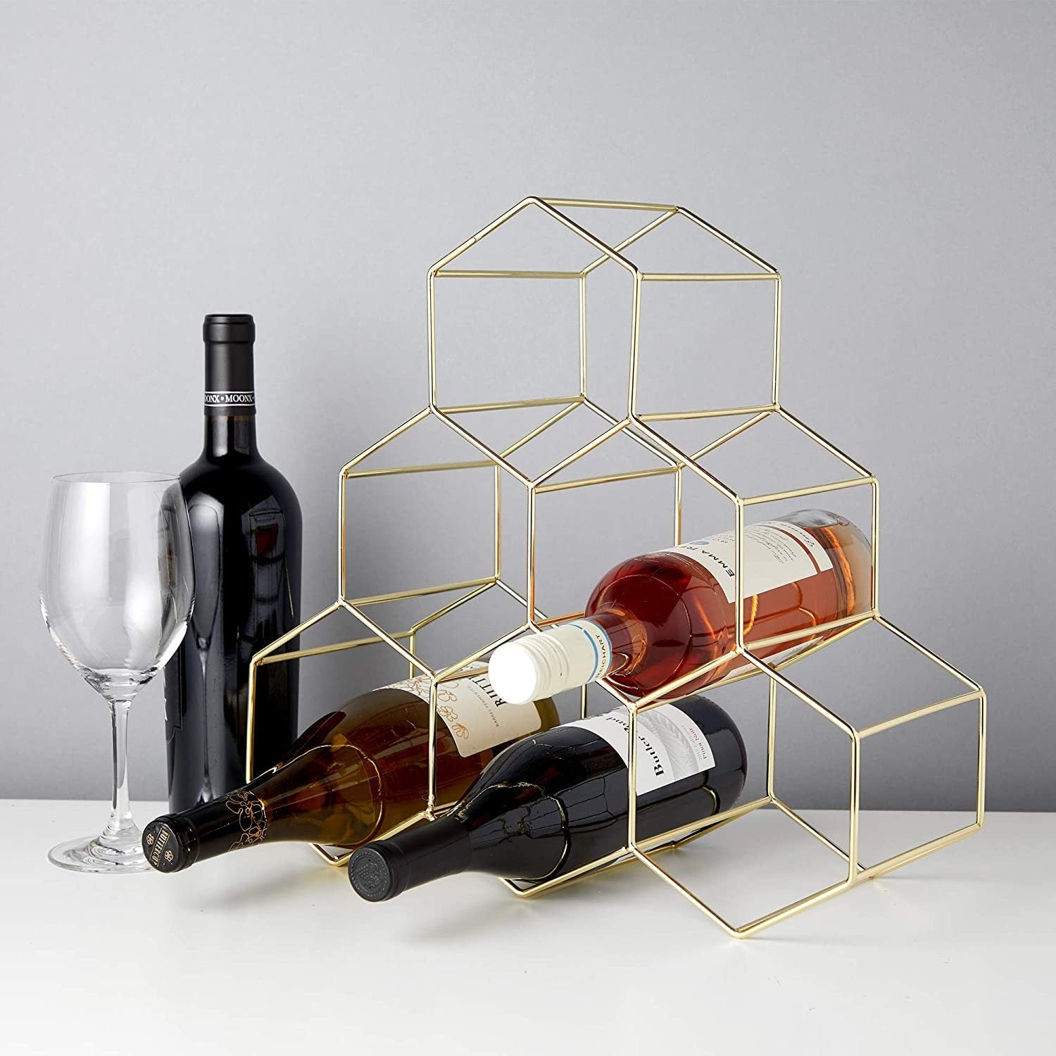 Gold Honeycomb Freestanding 6 Bottle Wine Rack - Raise The Bar Lux  