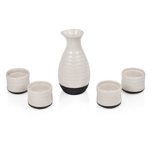 True Fervor 5 Piece Ceramic Hot and Cold Sake Carafe and Cup Set, One 8 oz Sake Carafe and Four 3.5 oz Sake Cups - Raise The Bar Lux  