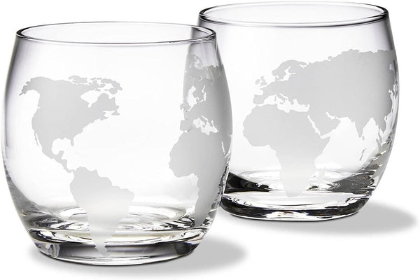 World Globe Etched Whiskey Glasses. 12 oz. Set of 2 - Raise The Bar Lux  