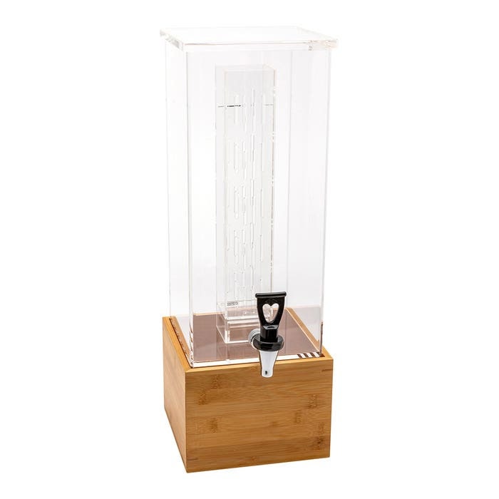 Square Clear Acrylic Beverage Dispenser With Bamboo Base. 2 Gallons - Raise The Bar Lux  