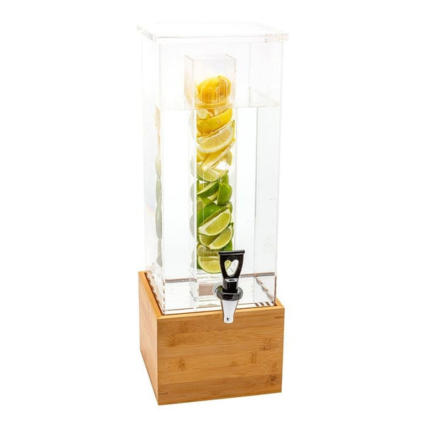 Square Clear Acrylic Beverage Dispenser With Bamboo Base. 2 Gallons - Raise The Bar Lux  