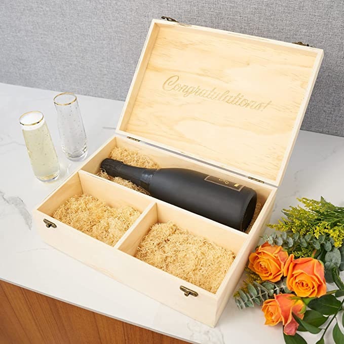 Congratulations Engraved Wood Champagne Box with Set of Flutes. - Raise The Bar Lux  