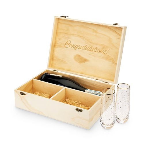 Congratulations Engraved Wood Champagne Box with Set of Flutes. - Raise The Bar Lux  