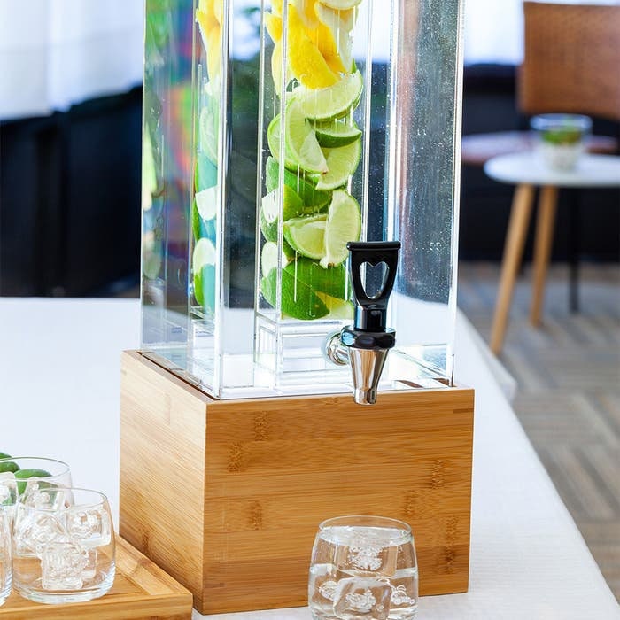 Square Clear Acrylic Beverage Dispenser With Bamboo Base. 2 Gallons - Raise The Bar Lux  