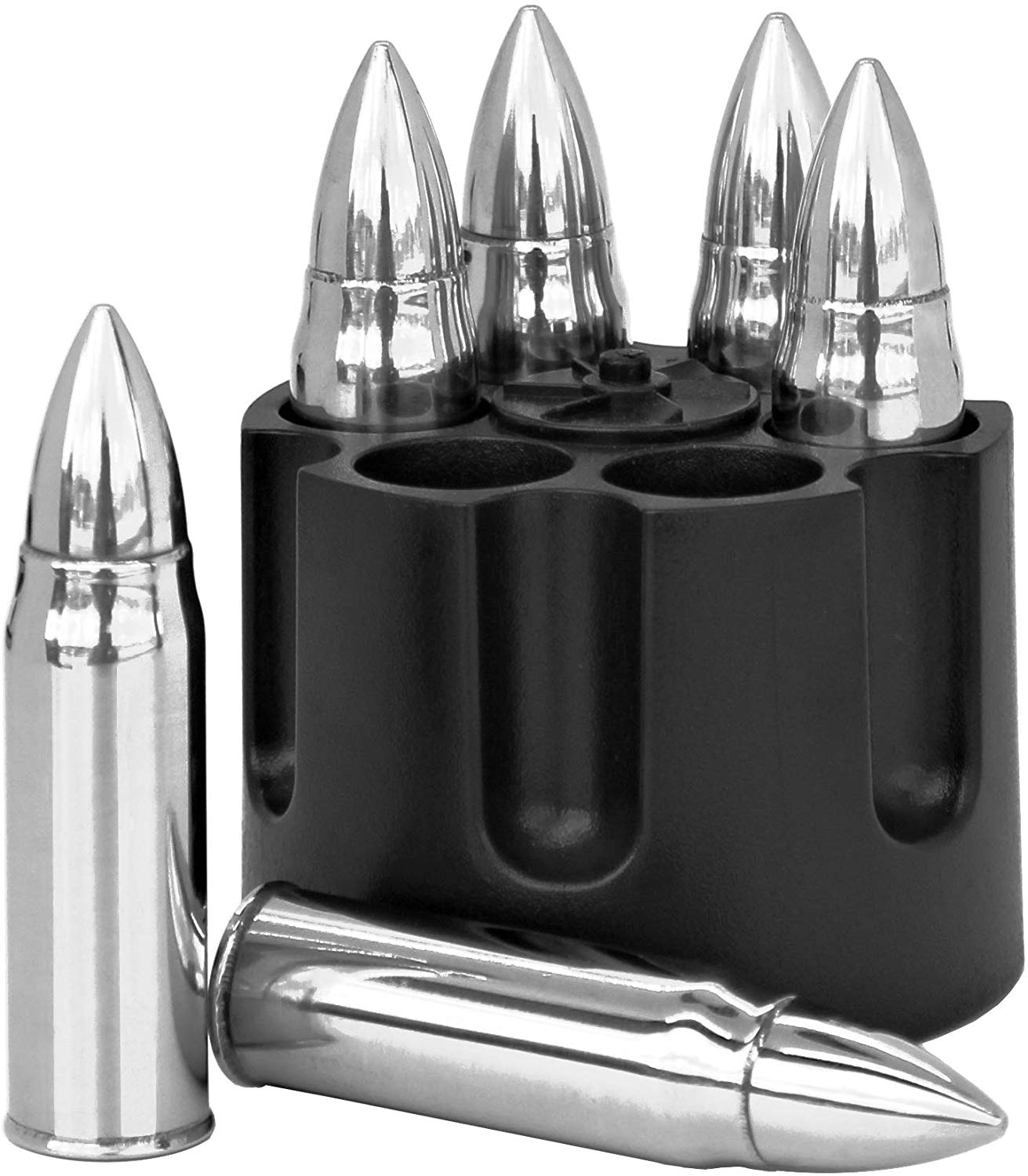 Whiskey Stones Bullets with Base - Silver XL Whiskey Ice Cubes Reusable for  Men - Set of 6 Whiskey Bullets Stainless Steel in Revolver Base - Chilling